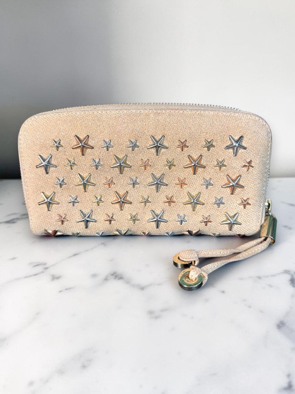 Jimmy Choo Filipa Sparkle Star Studded Zip Around Continental Wallet with COA